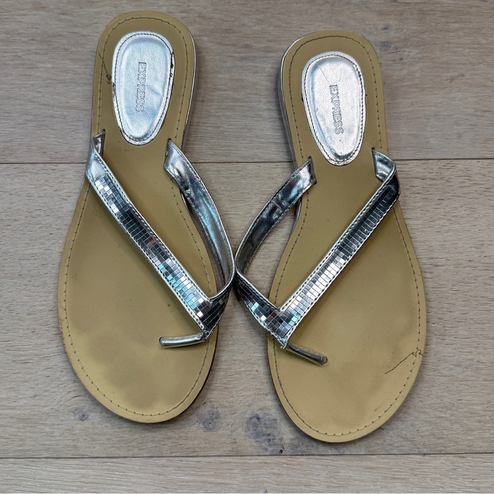 Express Metallic Silver and Tan Sandals
